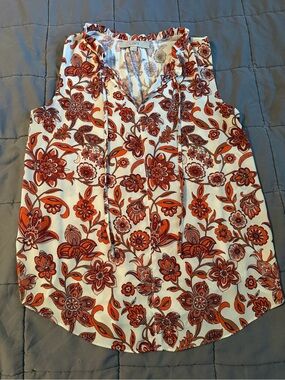 LOFT White and Orange Floral Tie-Front Sleeveless Top